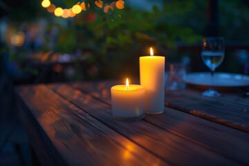 Candlelitght dinner setting on a wooden table, soft light illuminating the surroundings.