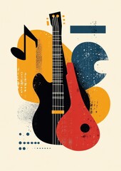 Abstract guitar illustration with musical notes and shapes.