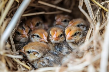 Obraz premium A flock of newly hatched chicks, some fully out of their shells while others peek out from cracks, nest in a cozy straw nest