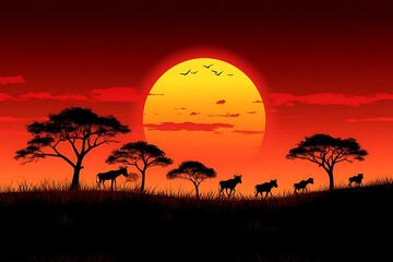 Silhouette of Wildebeest at African Sunset