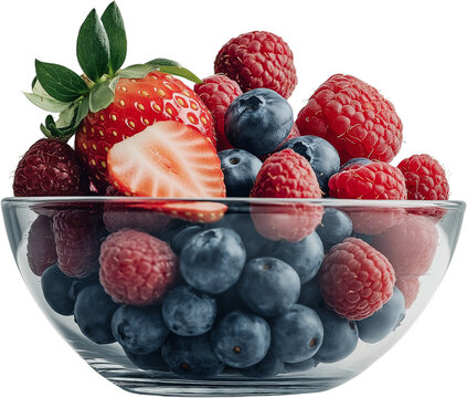 A bowl of fresh raspberries and blueberries with juicy, ripe berries