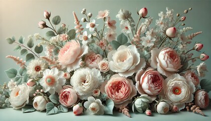 Obraz premium An elegant arrangement of blooming flowers, featuring a variety of roses, peonies, and delicate blossoms in soft shades of white, blush pink