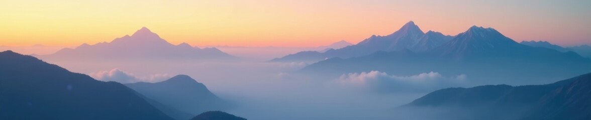 Obraz premium Cloud covered mountain peaks in morning light, sunrise lighting, misty morning