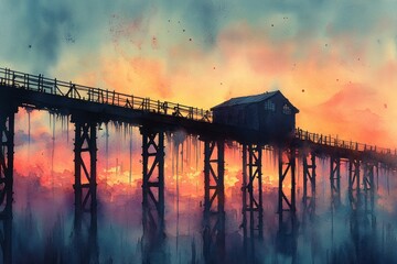 Fototapeta premium Sunset pier house silhouette vibrant colors