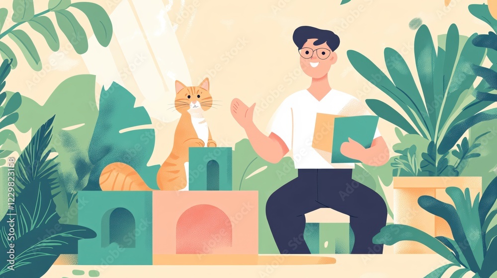 Poster man and cat with geometric blocks and plants in a light and airy illustrated scene