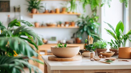 Indoor garden with plants in pots and wooden bowls on a light table with shelves in the background