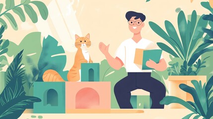 Man and Cat with Geometric Blocks and Plants in a Light and Airy Illustrated Scene