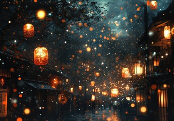 Enchanted Night Scene with Lanterns and Soft Bokeh in a Mystical Alleyway Surrounded by Trees and a Dreamy Atmosphere