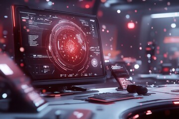 Obraz premium A 3D-rendered courtroom scene with a digital interface displaying highlighted regulations on a floating screen, blending traditional and futuristic elements