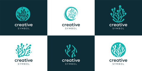 Seaweed Logo, Inspiration,  Coral, Underwater Plant Vector, Simple Leaf Design, Illustration Template Symbol Icon set of collection