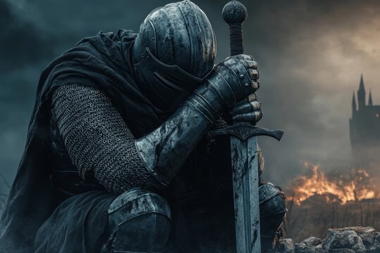 A 3D-rendered scene of a reluctant warrior standing at the edge of a battlefield, their armor gleaming under a dramatic sky as they grip their sword hesitantly