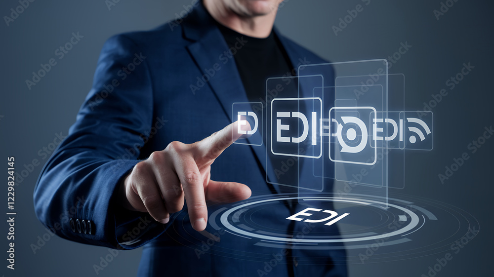 Poster global business data exchange: edi concept. a businessman interacts with intuitive edi icons, repres