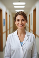smiling woman in white lab coat standing in hallway of hospital