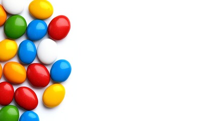 Bunch of colorful candies are arranged in a circle on a white background. The candies are of different colors and sizes, creating a visually appealing and playful scene