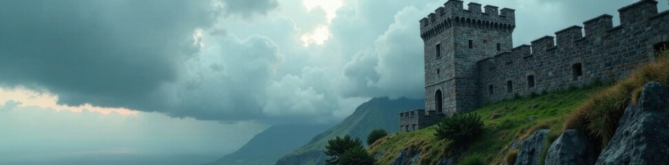 Towering stone fortress wall against ominous clouds and wind, bright, thick