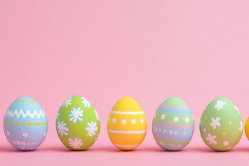 Colorful decorated eggs arranged in a row on a pink background for a festive celebration