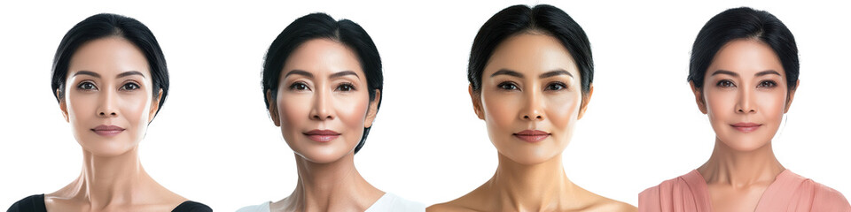 Obraz premium Confident and Serene Mature Asian Female Portrait on White Background Elegant Sophisticated and Glamorous Middle Aged Woman Exuding Poise Wisdom and Presence