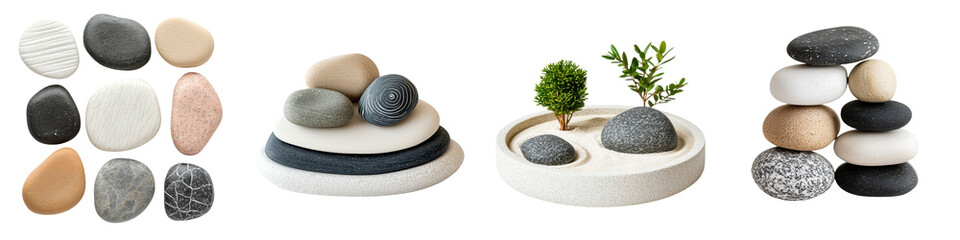 Fototapeta premium Peaceful Zen Stones Arrangement for Spa Meditation and Wellness Tranquil natural display of pebbles rocks and greenery creating a serene calming and minimalist composition