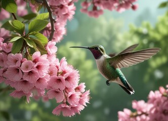 Fototapeta premium Hummingbird's back view as it perches on a flowering cherry tree with vibrant green plumage , plumage, perching, nature