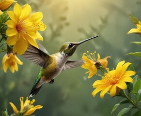 Fototapeta premium Hummingbird sipping nectar from a yellow flower, hummingbird, nectar