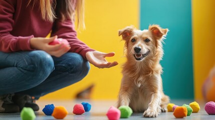 Plakat Happy Dog Playing Colorful Balls with Owner Joyful Pet Training Fun