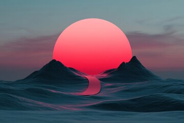 A clean depiction of a road stretching into the horizon under a glowing sun, symbolizing prospective journeys, with bold minimalist elements