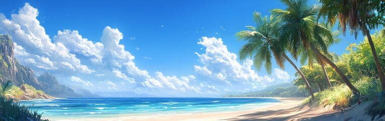 Serene tropical beach with tall palm trees, blue skies, and soft sand. Ideal for travel, tourism, and vacation promotions, appealing to beach lovers and travel companies.