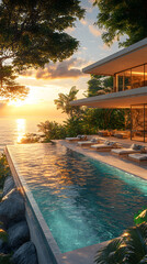 Fototapeta premium Luxurious Waterside Villa With Infinity Pool at Sunset Overlooking the Ocean