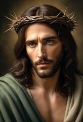 Biblical scene. Portrait of Jesus wearing a crown of thorns.