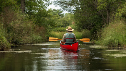Person kayaking on calm river through green forest. Ideal for outdoor recreation, adventure tourism, and nature activities.