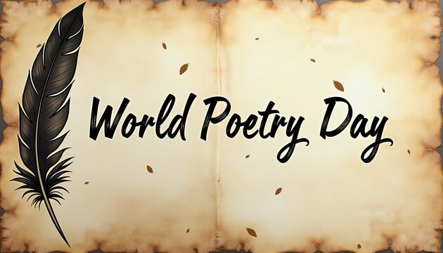 World Poetry Day on aged parchment with quill illustration.