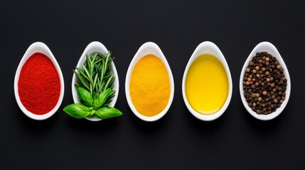 Row of five white bowls filled with various spices and herbs. The bowls are arranged in a row, with the first bowl containing red pepper flakes, the second bowl containing basil
