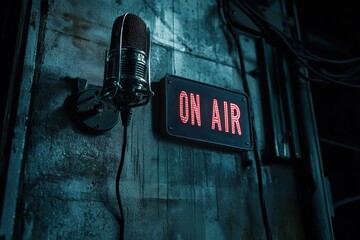 Fototapeta premium A microphone is in front of a neon sign that says on air