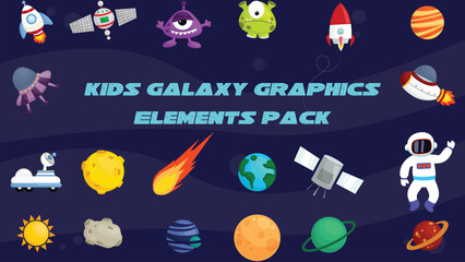 Kids Galaxy Vector Graphics Elements Pack Includes playful galaxy and space-themed illustrations for a kid-friendly, cosmic design.