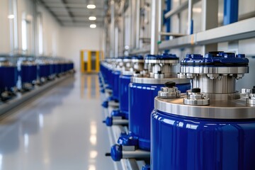 Row of blue industrial tanks in a bright factory with pipes and metal structure