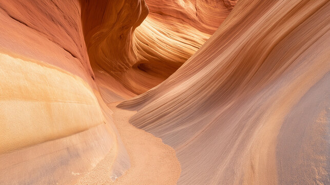 Smooth curved rock formations in canyon. Suitable for natural wonders, geological studies, and abstract nature photography.
