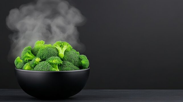 Bowl of broccoli is steaming on a countertop. The steam is rising from the broccoli, creating a sense of warmth and comfort. The image conveys a feeling of home-cooked comfort food