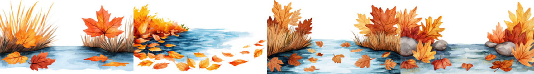 Vibrant autumnal landscape with orange red and yellow maple leaves scattered across a calm reflecting river  Serene and picturesque natural scenery in the fall season