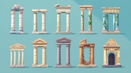 Fototapeta premium Twelve diverse illustrations of ancient stone columns and archways in varying states of ruin and disrepair.