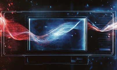 A computer monitor displaying an animated red and blue wave pattern