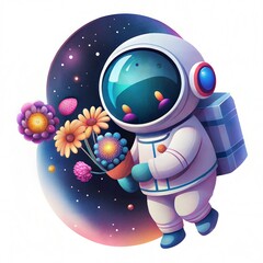 Cute Cartoon Astronaut Holding Flower in Vibrant Galaxy