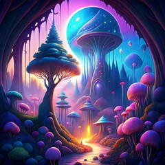 Ethereal Fantasy World with Bioluminescent Plants and Alien Terrain