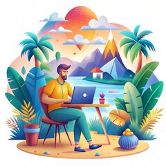 Digital Nomad Working on Laptop in Tropical Paradise