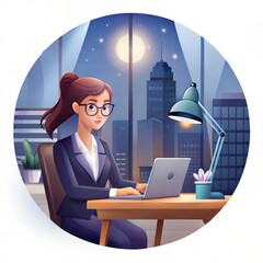 Professional Woman at Desk with Laptop and City Lights