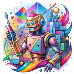Colorful Retro Robot with Vibrant Geometric Background