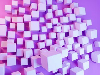 Obraz premium Large light-purple cubes are arranged in a seemingly random pattern on an abstract purple background, geometric patterns, cubist art, purple