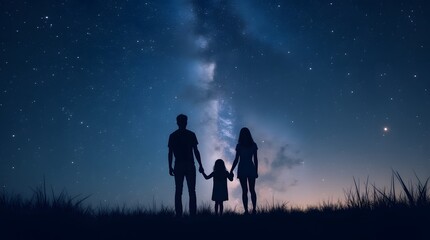 Silhouette Family against the backdrop of the starry sky and the Milky Way. A bright starry sky, which is looking at a family of three people holding hands.