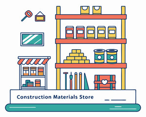 Fototapeta premium Estanterías coloridas llenas de materiales de construcción como latas, ladrillos y herramientas, con detalles gráficos minimalistas. Una fachada simple incluye un letrero del negocio. 
