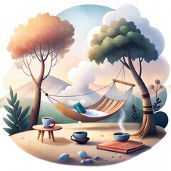 Serene Outdoor Camping Scene with Hammock and Mountain Sunset