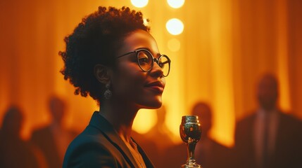 Woman in glasses speaking at microphone, warm lighting.